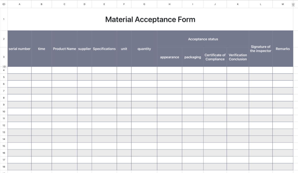 Material Acceptance Form